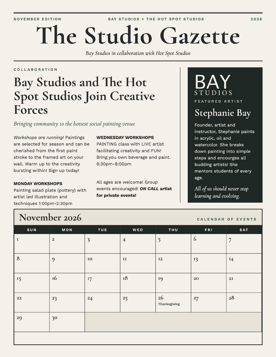 November 2026 Studio Gazette newsletter cover