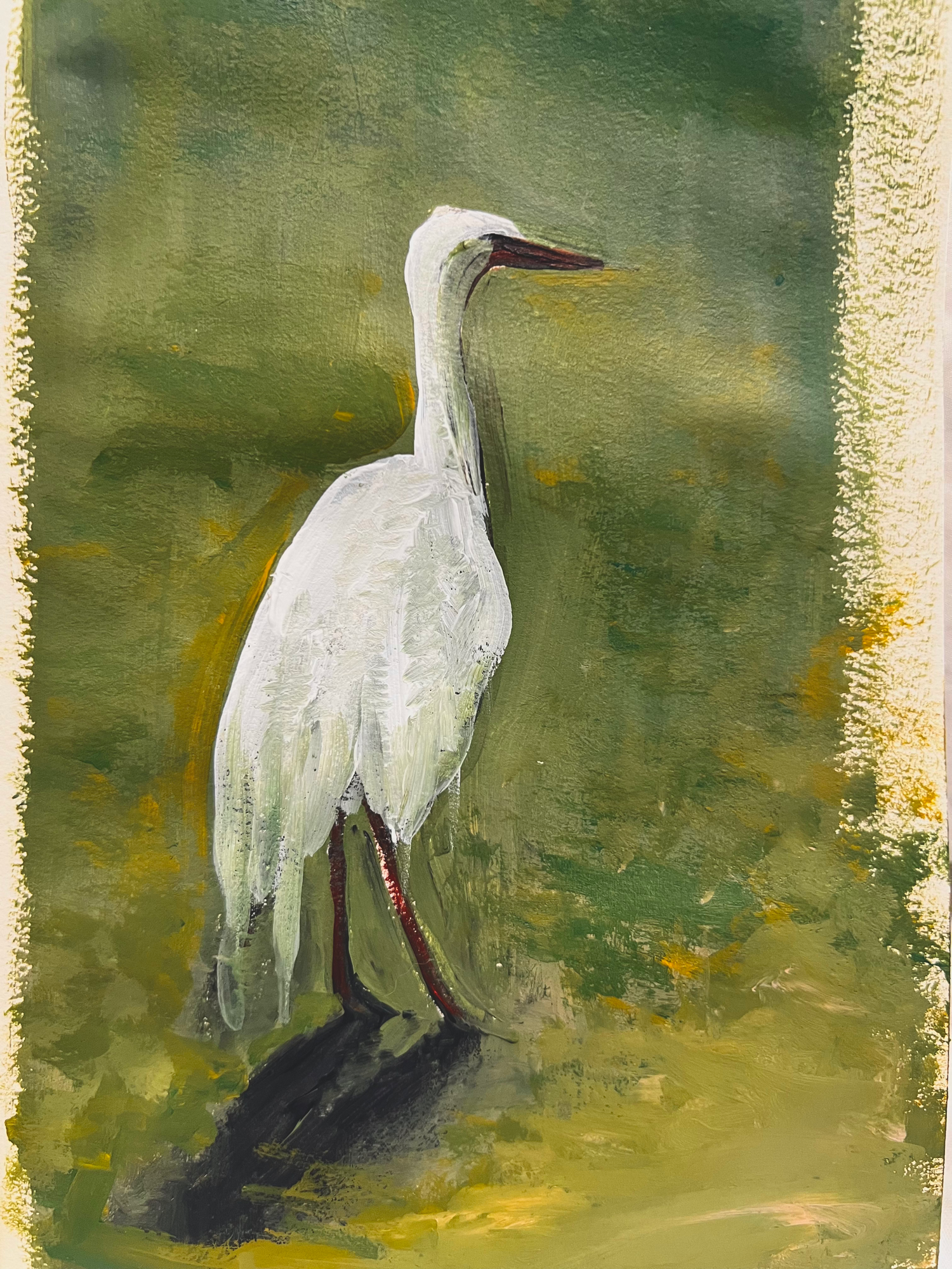 Full photograph of the original egret painting by Bay Studios, displayed in a floating walnut frame
